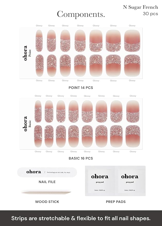 ohora Semi Cured Gel Nail Strips (N Sugar French) - Nude, Works with Any UV/LED Lamps, Salon-Quality, Easy to Apply & Remove - Nail Wraps, Stickers