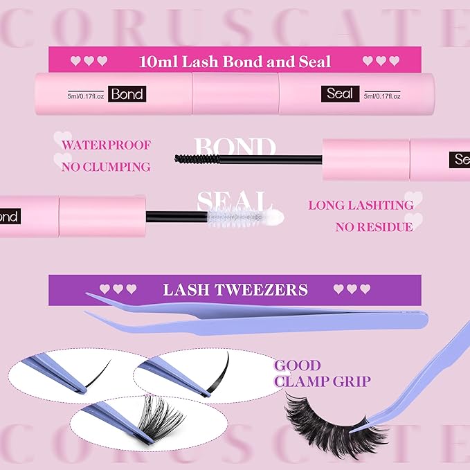 CORUSCATE 100D Lash Clusters Kit with Bottom Lashes Spikes DIY Lash Extension Kit Thick Cluster Eyelash Extensions 5-20mm Cluster Lashes Strips Eyelash Clusters Individual with Lashes Glue