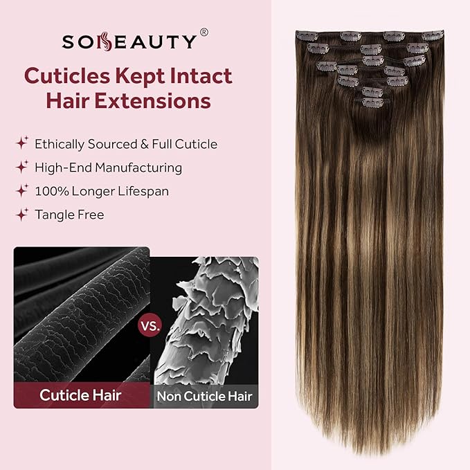 Clip in Hair Extensions Real Human Hair, Invisible Clip In Hair Extensions 100% Human Hair, Balayage Chocolate Brown to Caramel Blonde #4TP27/4 16Inch 120G 7PCS
