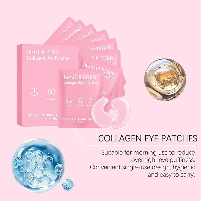 CHHQLZS Serene Eye Patches with PDRN Collagen, Instant Anti-Wrinkle Eye Mask for Dark Circles & Puffy Eyes, Hydrating Under Eye Patches with Hyaluronic Acid, Instalift Treatment, 8 Pairs