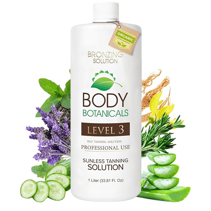 Body Botanicals, Professional Sunless Tanning Spray Tan Solution, Organic Essential Oils, Airbrush Formula, 33.8 Fl Oz. (Level 3 (12% DHA))
