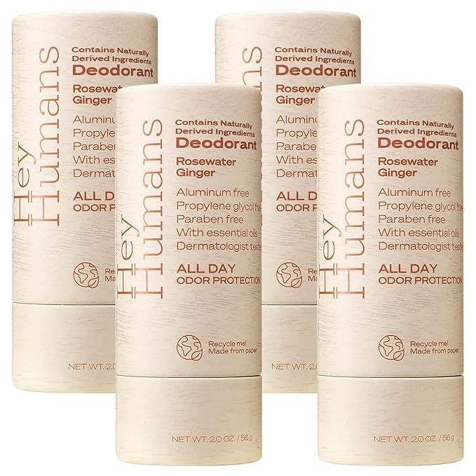 Hey Humans Deodorant, Aluminum Free Deodorant for Women and Men, Contains Naturally Derived Ingredients, All Day Odor Control, Refreshing Essential Oils, Earth Friendly Package, Rosewater Ginger
