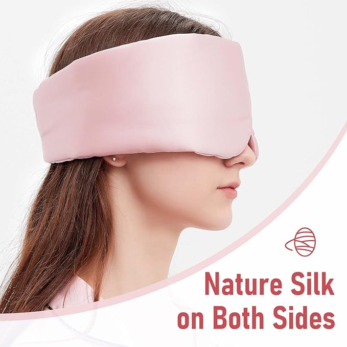 SOLZEK Silk Sleeping Mask Large Wrap-Around Blindfold with Adjustable Velcro Soft Blackout Eye Mask Women (Pink)