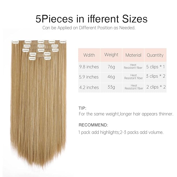 Hair Extensions Clip Ins 26 Inch Long Synthetic Straight Invisible Extension 5PCS Soft and Natural Fake Cheap Clips on Hairpieces for Women Full Head 8.1 Oz Golden Brown Mix Bleach Blonde