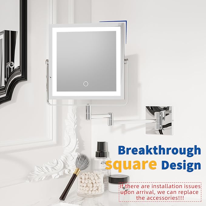 Ruacq Rechargeable Wall Mounted Makeup Mirror with Lights, Double Sided 1X/7X Magnifying Vanity Mirror with 3 Color Lighting, Touch Screen Dimmable, 360° Rotation Extension Foldable Arm(Chrome)