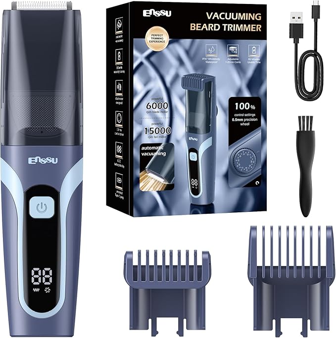 Beard Trimmer for Men - Vacuum Mustache Trimmer with Adjustable 20 Length Setting for Less Mess,IPX7 Waterproof Rechargeable Electric Mens Beard Trimmer for Precision Facial Hair, Sideburns