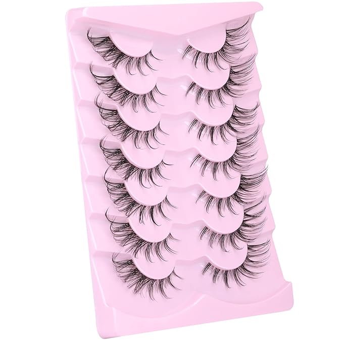 Manga Lashes Fox Eye False Eyelashes Natural Look Faux Mink Lashes Wispy Clear Band Spiky Cat Eye Strip Eyelashes Pack, 7 Pairs