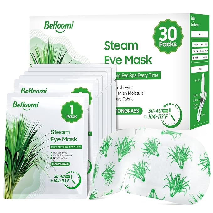 BeHoomi 30Packs Steam Eye Mask, Heated Eye Mask Warm Compress for Eyes, Self Heating Disposable Steam Mask for Home Sleep, Spa, Travel Essentials & Relaxation Gifts, Stocking Stuffers (Lemongrass)