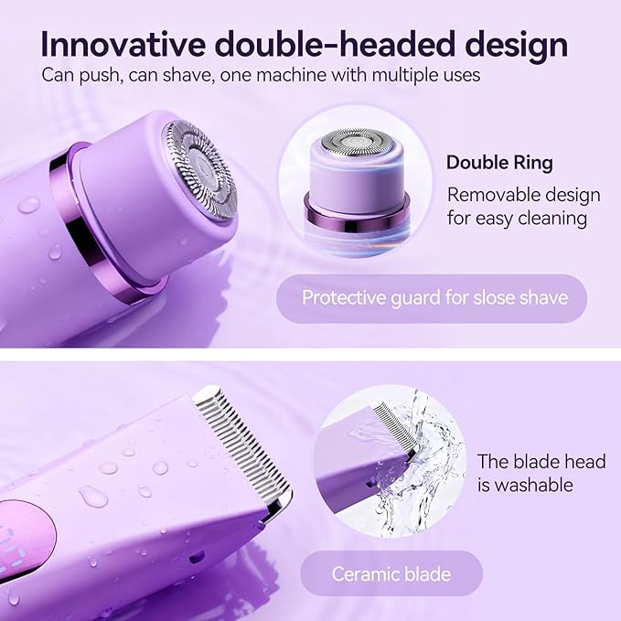 Bikini Trimmer for Women Electric–Double Head Dual Purpose, Ceramic Blade,IPX7 Waterproof,LCD Power Display,USB Rechargeable,Wet/Dry Painless Hair Removal for Face & Body (Violet)