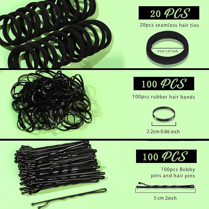 Teenitor 220Pcs Bobby Pins, Hair Ties and Rubber Hair Bands, 100pcs Black Bobby pins for Women 100pcs Hair Elastics 20pcs Seamless Hair Ties, Hair Accessories for Women Black