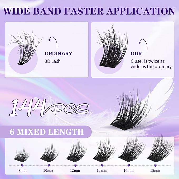 B&Q Lash Clusters Fluffy Wispy Voluminous - 144 PCS Feath5D 03 Layered Individual Cluster Lashes, Feathered Lightweight Eyelash Extensions in 8-18mm, C Curl, Waterproof False Lashes