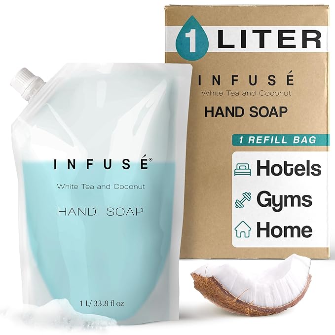 INFUSÉ 1 Liter Hand Wash Refill Bag For Soap Dispensers | Bulk Toiletries for Vacation Rentals, and Home Bathroom Showers | White Tea and Coconut | Single