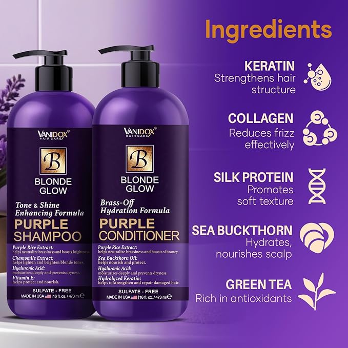 VANIDOX Sulfate Free Brass Toning Purple Shampoo and Conditioner Set for Blondes, Brown Highlighted, or Bleached Hair, Shampoo for Blondes Infused with Purple Rice Extract (16 fl oz each)
