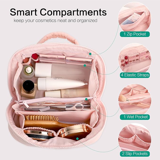 RunaFun Travel Makeup Bag for Women, Puffer Quilted Open Flat Makeup Organizer with Toiletry Bag, Portable Cosmetic Case for Travel & Daily Use，Pink