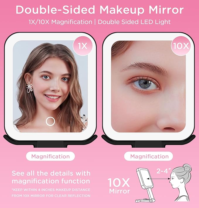 EAONE Travel Makeup Mirror with Lights, Double Sided Magnifying Vanity Mirror 10X/1X with 3 Color Lighting & Dimmable Touch Screen, Compact Handheld Cosmetic Mirror for Bathroom, Women Gifts (Black)