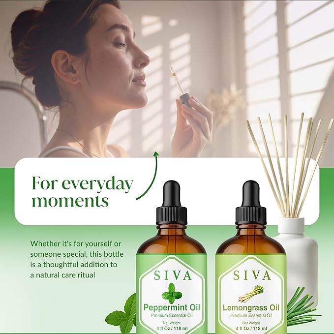 Siva Peppermint Essential Oil and Lemongrass Essential Oil 4oz Bundle Super Saver Combo – Premium Grade Value Set for Aromatherapy, Scalp Massage, Hair Care, Skin & Body