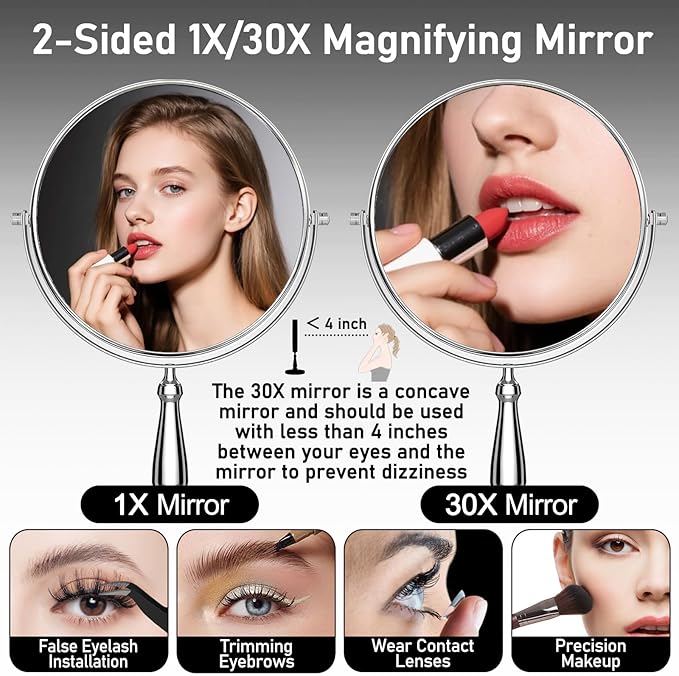 30X Magnifying Mirror, Vanity Mirror Tabletop for Women, Metal Makeup Mirror with Magnification, Desk Mirror with Stand for Home & Office Decoration, Great Gift Option, 8 Inch