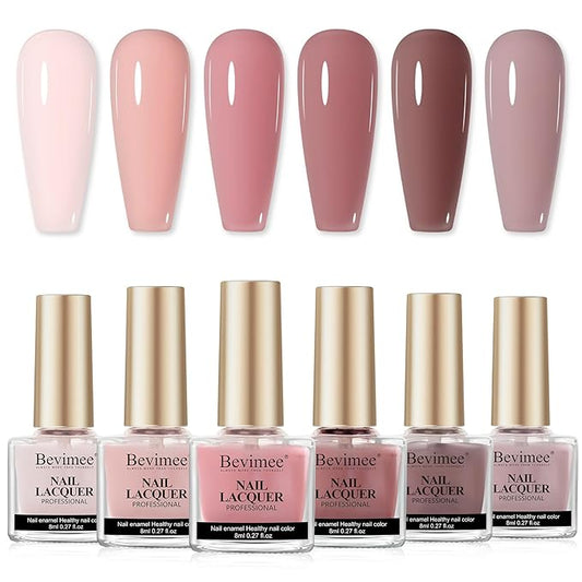 Quick Dry Nail Polish Set 6 Colors Vegan Nail Lacquer Pink Nude Dark Brown Air Dry Glitter Fingernail Polish Neutral Color Non Gel DIY Salon Valentine's Day Gift for Women