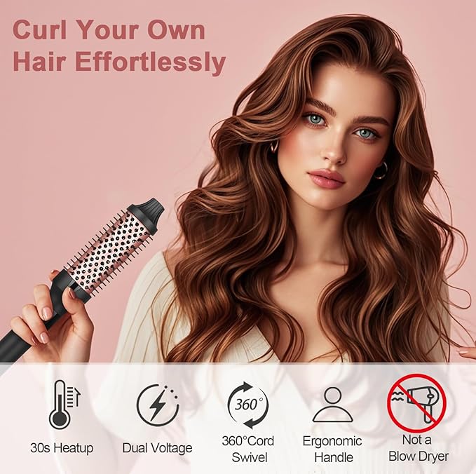 hopopower 1.25/1.5 Inch Curling Iron Brush Ceramic Double PTC Heated Round Hair Curling Comb, Tourmaline Ionic Hot Hair Curler Thermal Brush for Traveling (1.25inch)