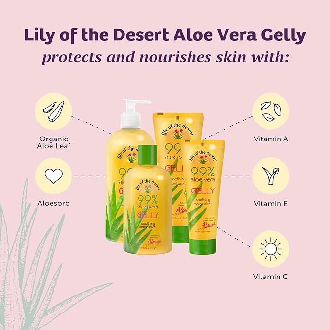 Lily Of The Desert Gelly Moisturizer - 99% Organic Aloe Vera Gel for Skin, After Sun Care with Aloe, Vitamin E Oil, and Vitamin C for Sunburn Relief, 16 Fl Oz