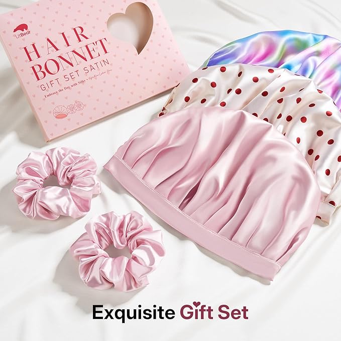 LitBear Silk Bonnet for Sleeping Women, Adjustable Double Layer Satin Silk Hair Bonnet with Scrunchies for Curly Natural Hair