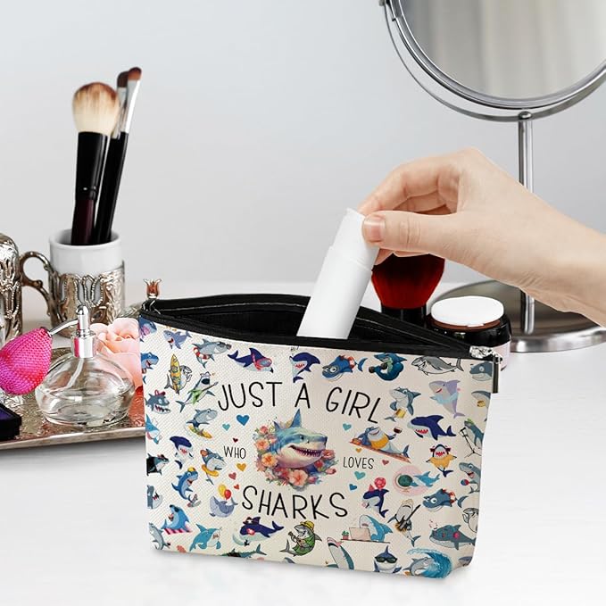 A Girl Loves Sharks Shark Gifts Shark Stuff Sharks Decor Cosmetic Bag travel Makeup Bag Gifts for Women Coworker Teens Bestie Best Friend Birthday Easter Anniversary Graduation Christmas Nurse Day
