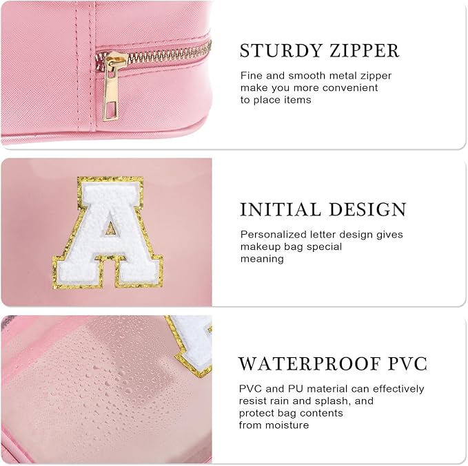 YOOLIFE Travel Toiletry Bag for Women, Pink Clear Makeup Bag Cute Make Up Bag Cosmetic Bags Skin Care Makeup Bag Organizer Birthday Gifts for Women Teacher Mother Girlfriend Initial T