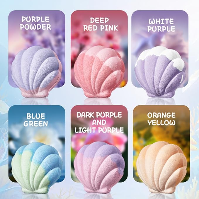 6 XXL Shell Shaped Bath Bombs with Sea Salt,Nourishes & Soothes Dry Skin,6 Unique Fragrances for a Spa Bubble Bath at Home,Gift Set for Women & Men