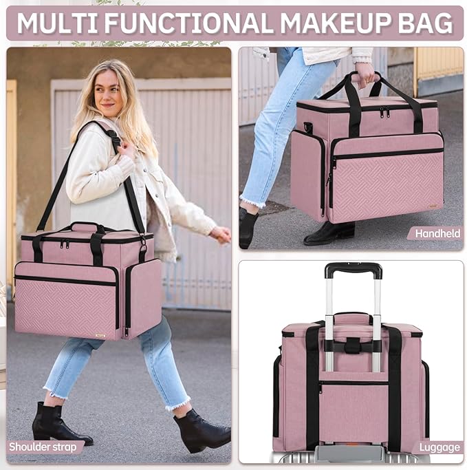 FREEAMG Extra Large Makeup Case with 4 Removable Pouches, Professional Make up Train Case,Travel Cosmetic Bag for Hairstylists Nail Tech Makeup Artist with Shoulder Strap and Handle (Pink)（Bag only）