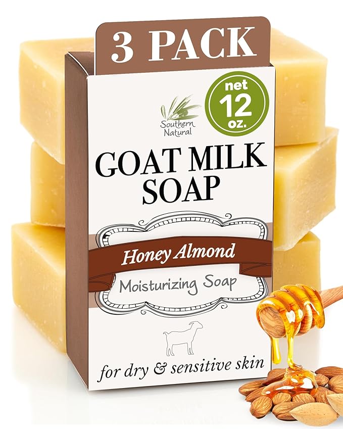 Southern Natural Goat Milk Soap Bar (Honey Almond 3 Pack) For Dry Sensitive Skin. Natural, Handmade Soap For Men, Women, Kids & Baby. Use On Face & Body
