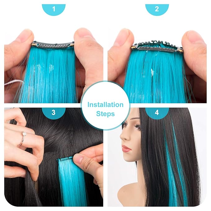 22 Inch Colored Hair Extensions 10 PCS, Colorful Party Highlights Clip in Synthetic Hair Extensions, Sky Blue/Light Pink Hairpieces for Women Party Cosplay Gifts