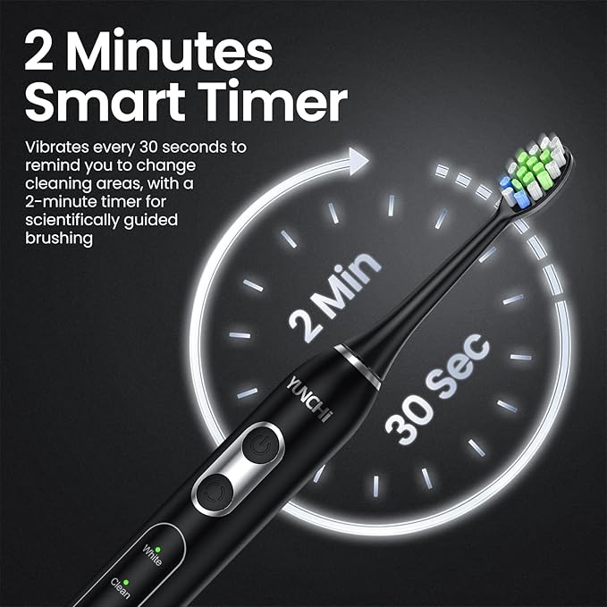 YUNCHI Electric Toothbrush Birthday/Valentine Plastic 8 Heads 24-Mo Deep Cleans Gentle Gums Removes Stains 3Hr USB-C 90d 2-Min Timer/30s IPX7 - Black