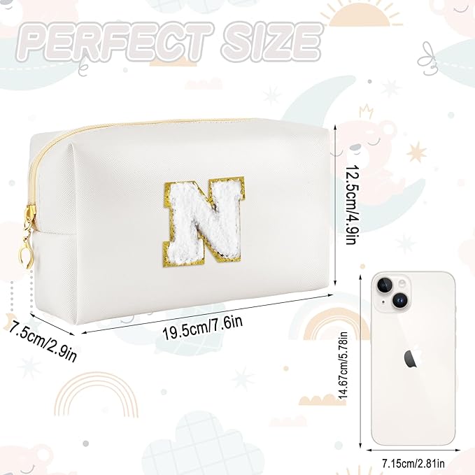 URSKYTOUS Gifts for Girls Initial Makeup Bag Personalized Cosmetic Bag with Zipper Cute Travel Toiletry Bags Waterproof PU Preppy Makeup Pouch Birthday Gift for Teen Girls Women(White N)