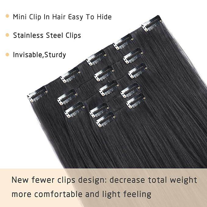 Natural Black Straight Hair Extension Clips 18 Inch Long Invisible Thick Synthetic Clip in Extensions 5PCS Soft and Easy Installation Hairpieces for Women Girls Weddings Party Daily Use 6.5 Oz