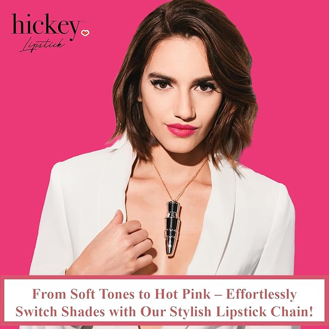 Hickey Lipstick Set - Walk of Shame (Hot Pink), Refillable Silver Case with Chain, Satin Pouch & Ribbon (Wearable Necklace), Long Lasting Hydrating Velvet Finish Lipstick for Women, Vegan, Gluten-Free