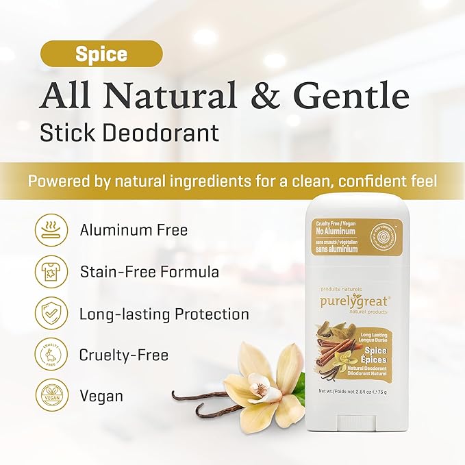 Purelygreat - Spice-Scented Natural Deodorant Stick, Travel-Friendly Hygiene Essentials for Women, Natural Deodorant for Men Without Aluminum & Parabens, 2.64 oz / 75 g