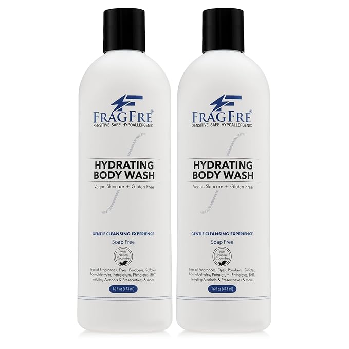 FRAGFRE Sensitive Body Wash 16 oz (2-Pack Gift Set) - Paraben Free Sulfate Free Body Cleanser - Hypoallergenic for Delicate and Flaky Skins - No Added Fragrance - Cucumber for Hydration - Vegan GF/CF