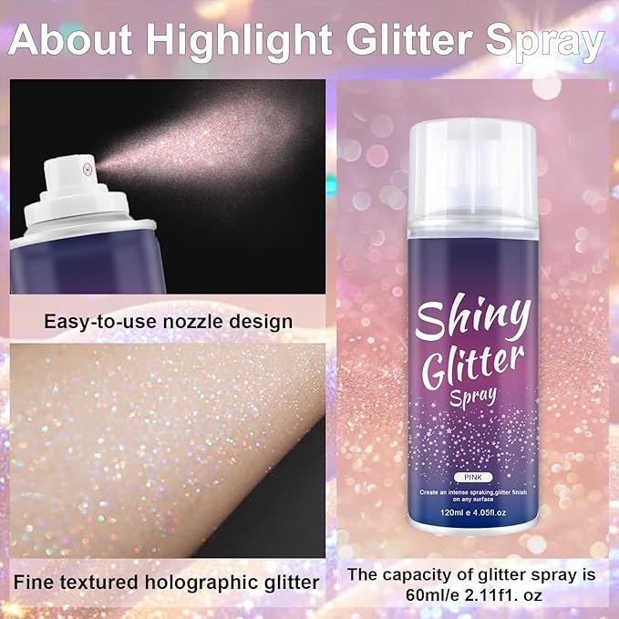 Body Glitter Spray - Pink Sparkling Shimmer for Hair,Clothing & Face Long-Lasting,Quick-Drying Loose Shimmer Hairspray Temporary Shiny Mist for St. Patrick's Day, Festival, Rave, Party, Prom Supplies