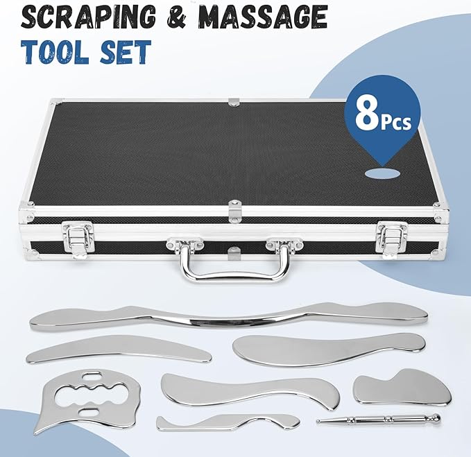 8 in 1 Stainless Steel Gua Sha Muscle Scraper Massage Tool Set IASTM Tools Portable Scraping Tool Physical Therapy Great Soft Tissue Mobilization with Carrying Case