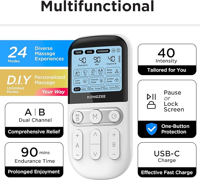 4 in 1 - D.I.Y & Tens Unit & EMS & Massage Muscle Stimulator, Dual Channel TENS Units Therapy Machine for Pain Relief, FDA Cleared Rechargeable Electronic Pulse Massager, with 12pcs Electrode Pads.
