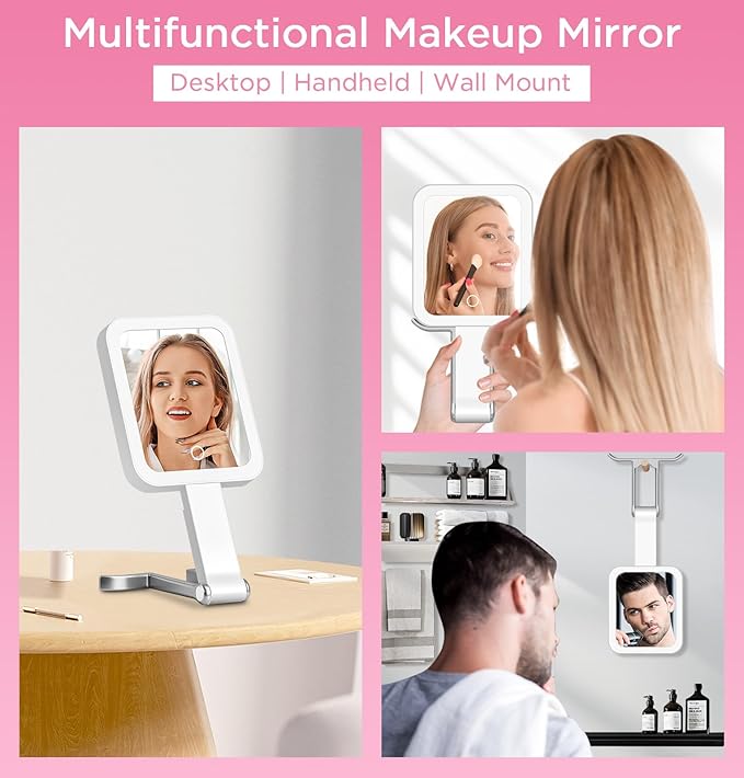 Travel Mirror with Lights, Magnifying Makeup Mirror 10X/1X Double Sided with 3 Color Lighting & Dimmable Touch Screen, Compact Handheld Cosmetic Vanity Mirror for Desktop Travel/Bathroom, Women Gifts
