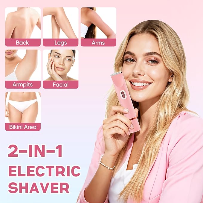 2 in 1 Women Electric Shaver Dual Head Bikini Trimmer for Women IPX7 Waterproof Wet & Dry Use Body Hair Trimmer and Facial Hair Remover for Bikini Underarm Leg Arm Body Face