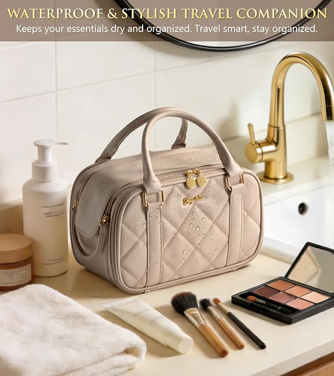 Bagstellar Travel Makeup Bag, Large Capacity Quilted Toiletry Bag for Women Wide-open Cosmetic Bag Make Up Case Organizer Portable Pouch w/Handle & Brush Holder for Traveling Accessories Beige Floral