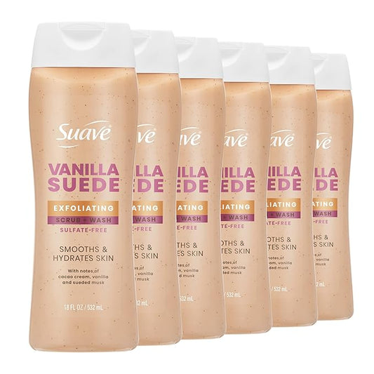 Suave Vanilla Suede Exfoliating Body Wash & Scrub with Glycerin & Vitamin E, Sulfate-Free Hydrating Cleanser for Soft, Smooth Skin, 6 Count, 18 FL OZ EA