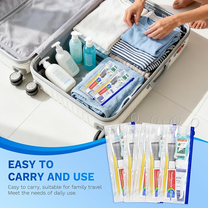 Personal Hygiene Kit Bulk Pack of 10,Yellow Basic Travel Toiletry Set Disposable Toothbrushes with Toothpaste Mouthwash Floss Comb Cover and Zip Bag for Homeless,Charity,Guests