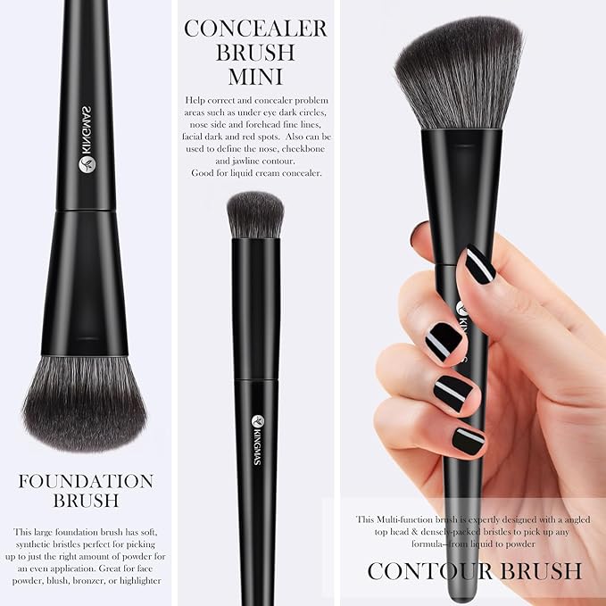 KINGMAS Foundation Makeup Brushes, 3Pcs Kabuki Contour Concealer Makeup Brush, Vegan & Cruelty-Free, Synthetic Cosmetic Under Eye & Blusher Face Brush (Black)