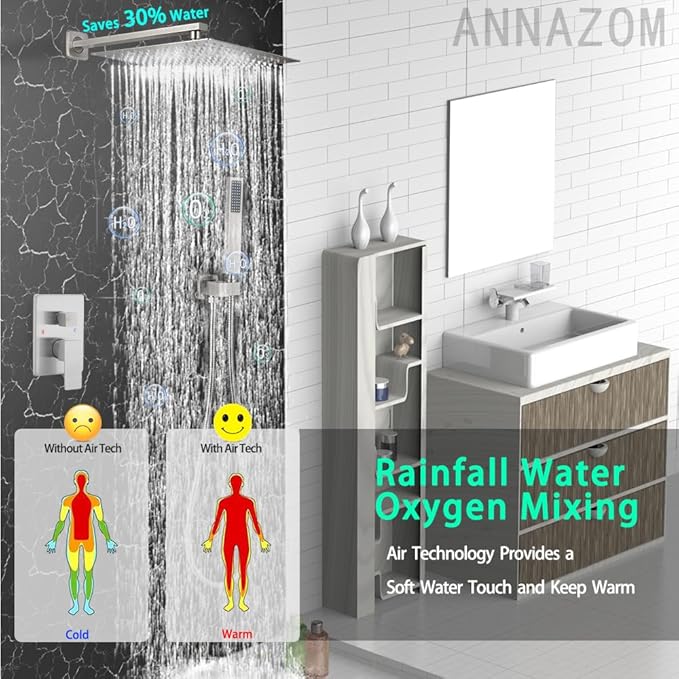 annazom Shower Faucet Combo Set with Shower Spray Wand Large 12 Inch Shower Head Brushed Nickel Surface High Pressure with Rough-in Valve, Brushed Nickel