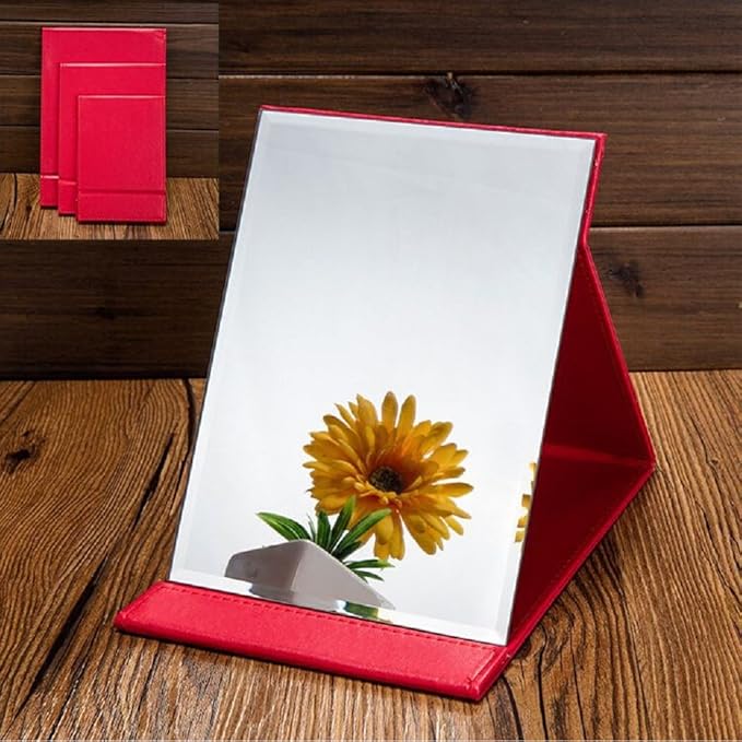 Protable PU Leather Mirror Folding Desktop Makeup Mirror with Adjustable Stand for Personal Use,Travelling (M, Red)