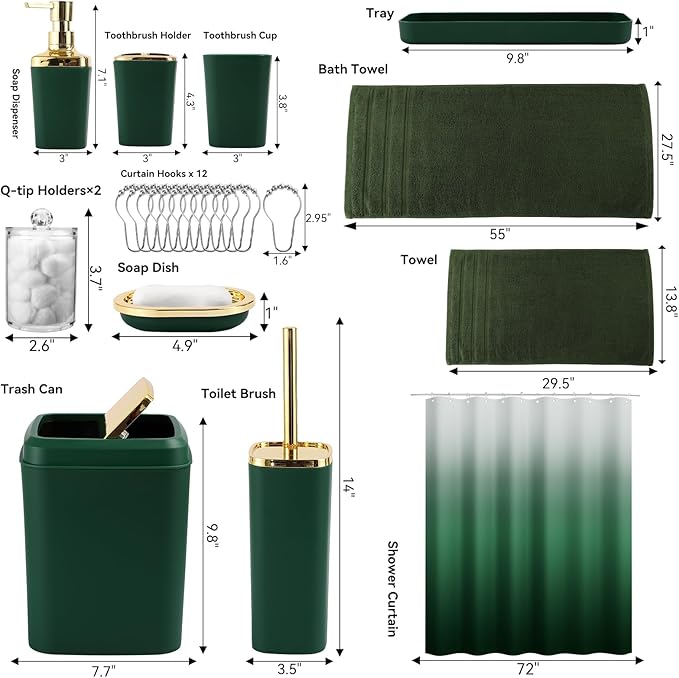 XLHOMO Dark Green Bathroom Accessories, 24 Pieces Green and Gold Bathroom Accessories Set with Shower Curtain, Bath Towels, Trash Can, Soap Dispenser and Soap Dish for Bathroom/Housewarming