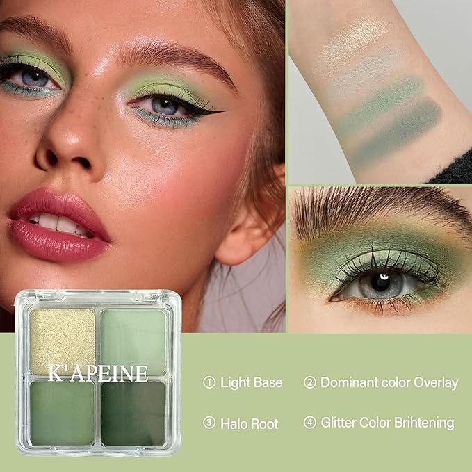 K'APEINE Eyeshadow Palette,Light Green Eye Shadow Matte Glitter Makeup Palette 4 Colors Mini High Pigmented Eyeshadows Long-lasting for Woman Girls Party,Music Festival, Stage Performance,Appointment